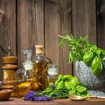 Mortar with herbs and oil