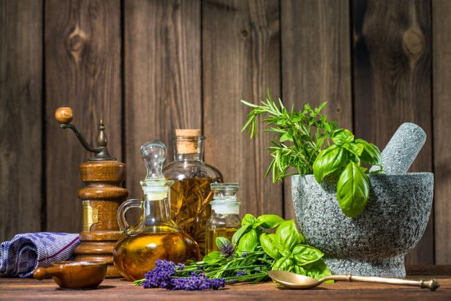 Mortar with herbs and oil